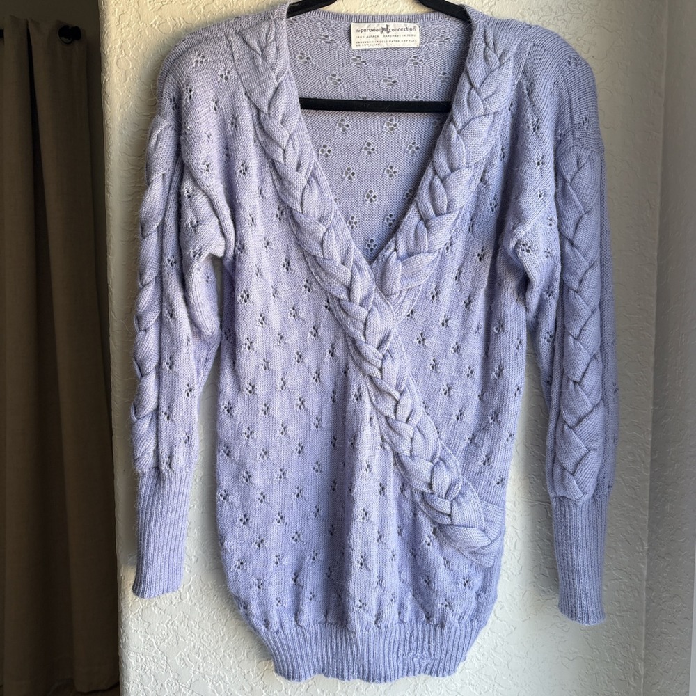 Peruvian Connection 100% Alpaca Womens M Purple Surplice Braided Knit‎ Sweater